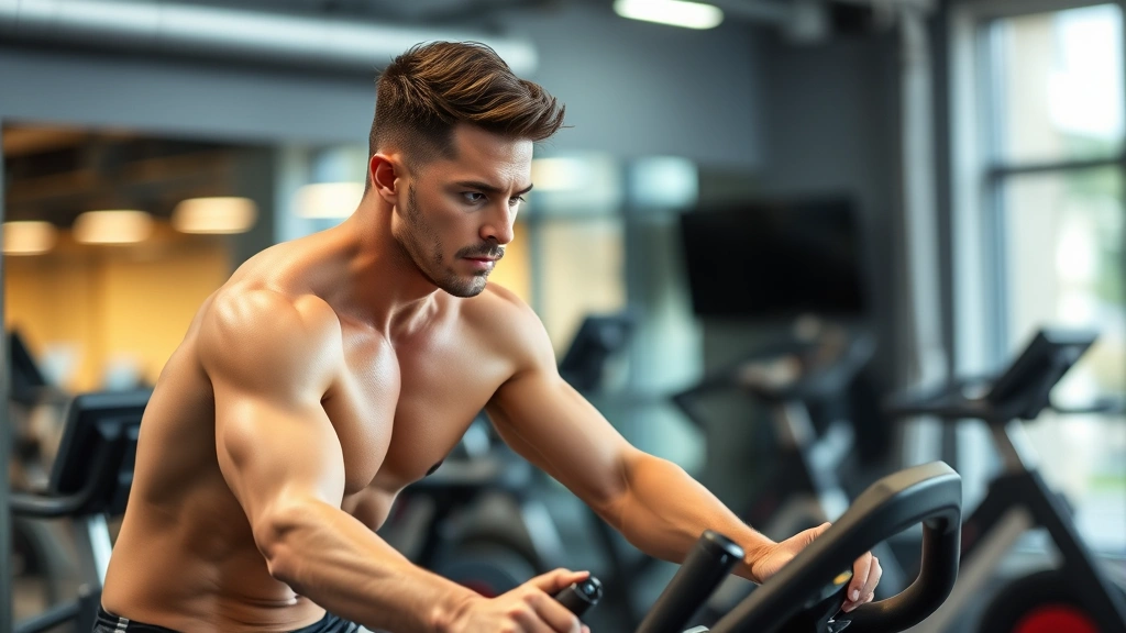 Fit person on stationary bike during intense interval workout, focused expression, modern gym setting with equipment blurred in background, high-intensity effort, motivational atmosphere
