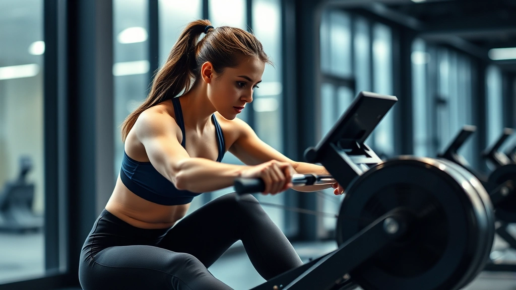 Athletic woman performing high-intensity interval training on indoor rowing machine, intense focus and proper form, gym lighting, photorealistic action shot, no text or labels visible
