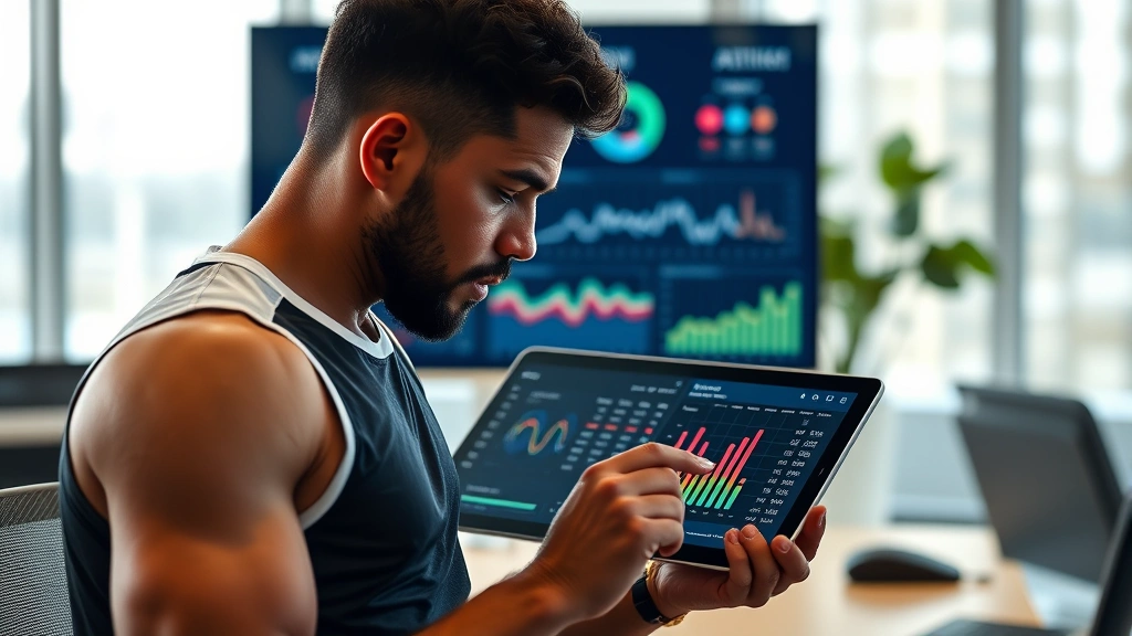 Athlete reviewing analytics dashboard on tablet showing player statistics and performance metrics, intense focus, professional sports analysis environment, bright modern office setting