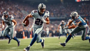 Athletic male running back in football uniform evading defenders during game, explosive movement, dynamic action shot, stadium lighting, professional NFL game setting