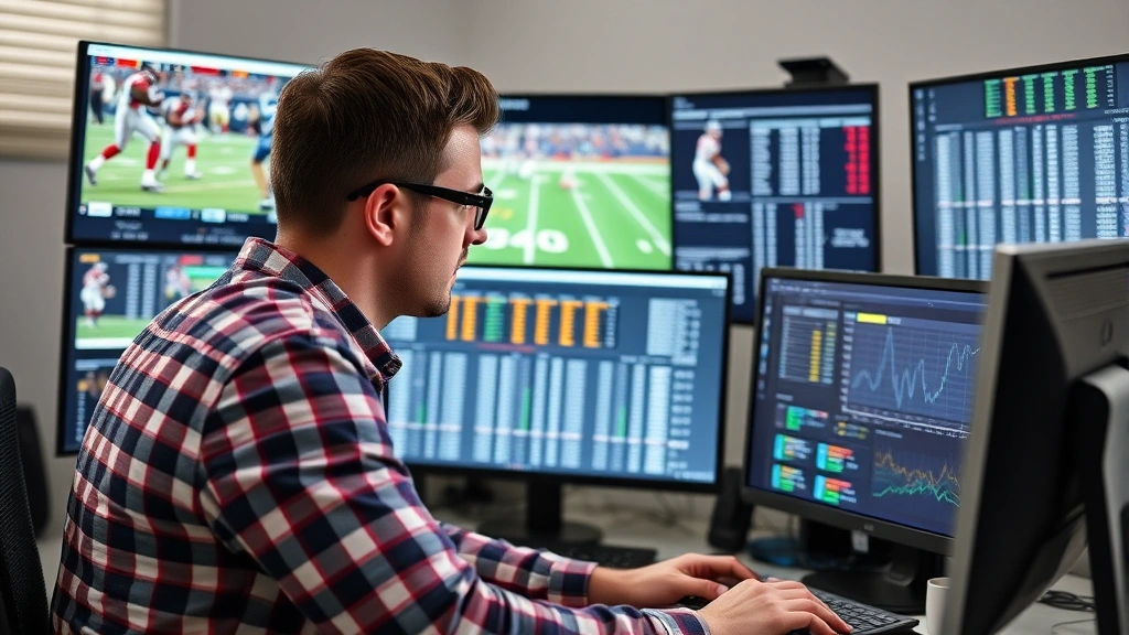 Professional fantasy football manager studying game film and statistics on multiple monitors, analyzing player matchups and defensive data, focused expression, modern sports analytics setup