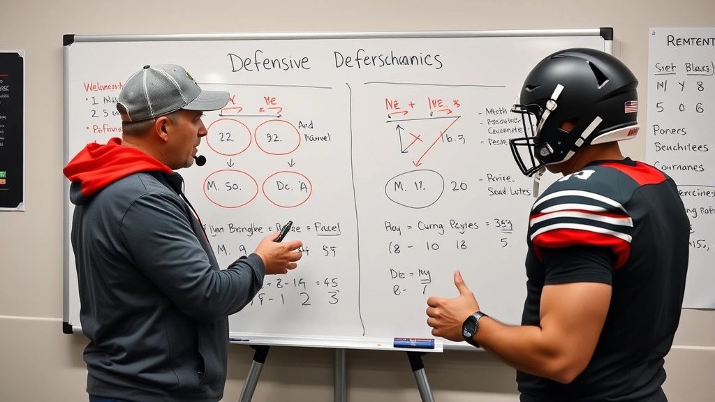 Athletic coach breaking down defensive schemes on whiteboard with player performance metrics, analyzing coverage types and receiver route options, professional sports environment
