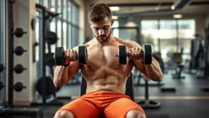 Athletic man performing dumbbell bench press on flat bench in modern gym, chest-focused muscle engagement, professional form, natural lighting, dumbbells visible at mid-press position