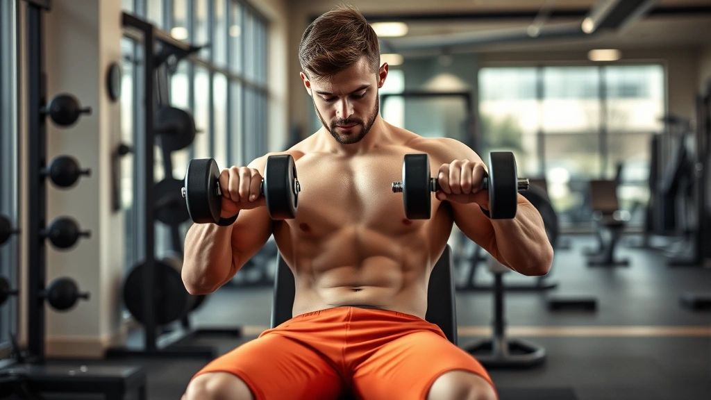 Athletic man performing dumbbell bench press on flat bench in modern gym, chest-focused muscle engagement, professional form, natural lighting, dumbbells visible at mid-press position
