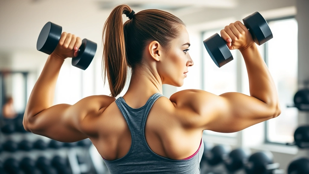 Female athlete executing single-arm dumbbell rows with perfect form, back muscles engaged, neutral spine alignment, dumbbells at sides, determined expression, bright gym environment