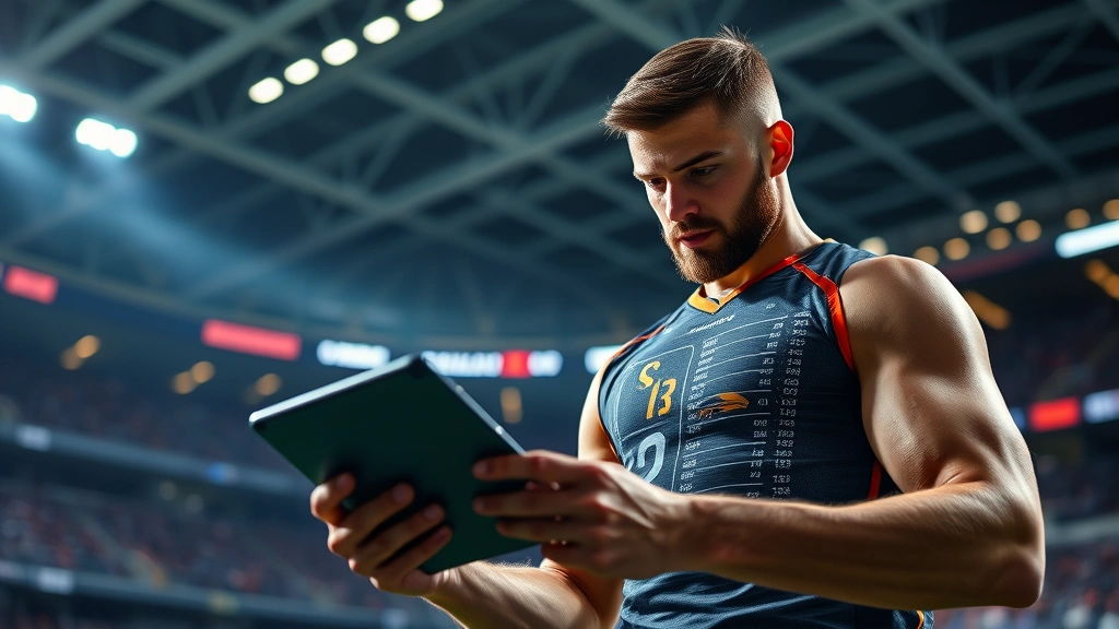 Athletic man analyzing fantasy football stats on tablet during intense playoff preparation session, professional stadium background, focused concentration, modern technology integration, dynamic lighting, realistic sports environment