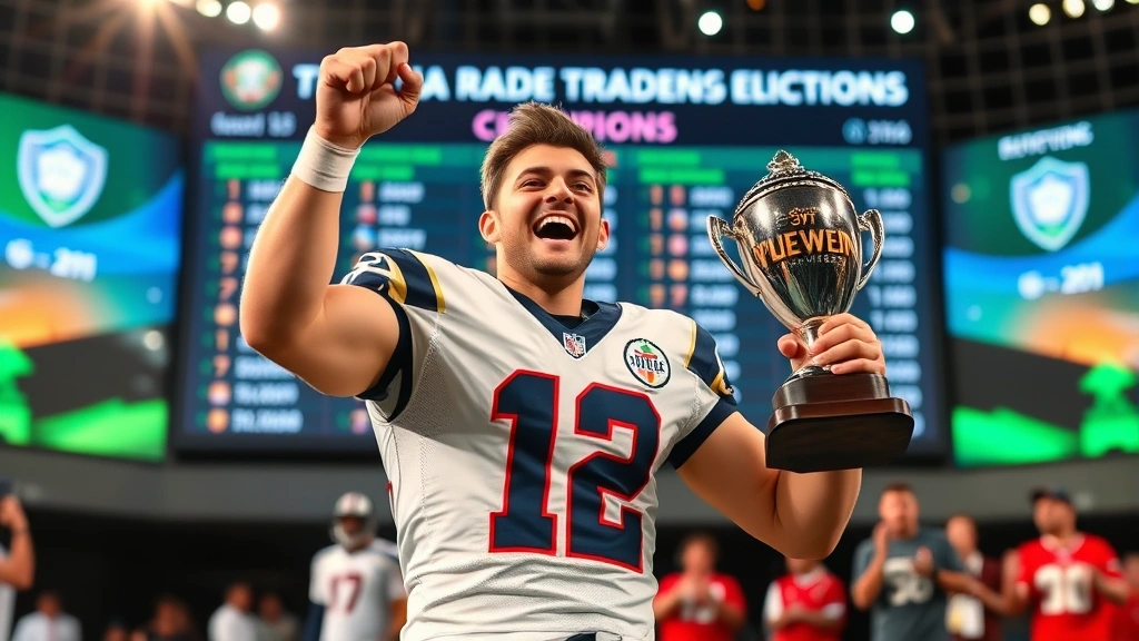 Champion fantasy football player celebrating successful trade execution, holding trophy with championship team roster displayed on screen behind, triumphant moment capturing victory and strategic success, professional sports environment