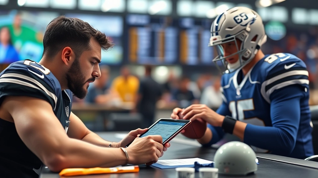 Athlete analyzing game statistics on tablet during intense fantasy football draft strategy session, competitive focus, professional environment