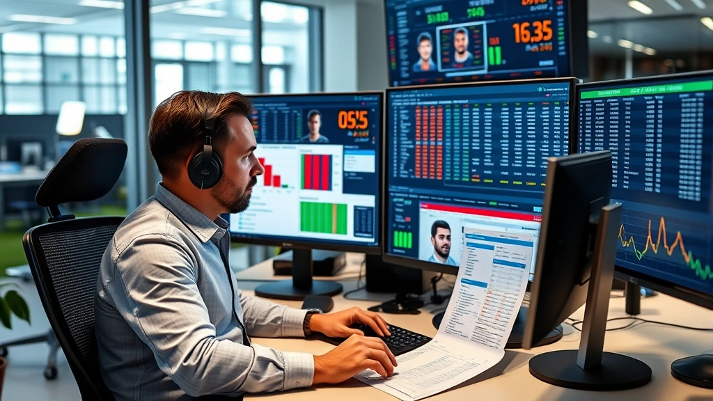 Professional fantasy football analyst reviewing trade value spreadsheets and player statistics on multiple monitors in modern office setting, data visualizations visible on screens