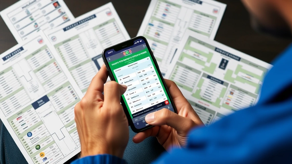 Fantasy football league owner making trade decision, holding smartphone with draft board app, surrounded by team roster papers and playoff bracket printouts