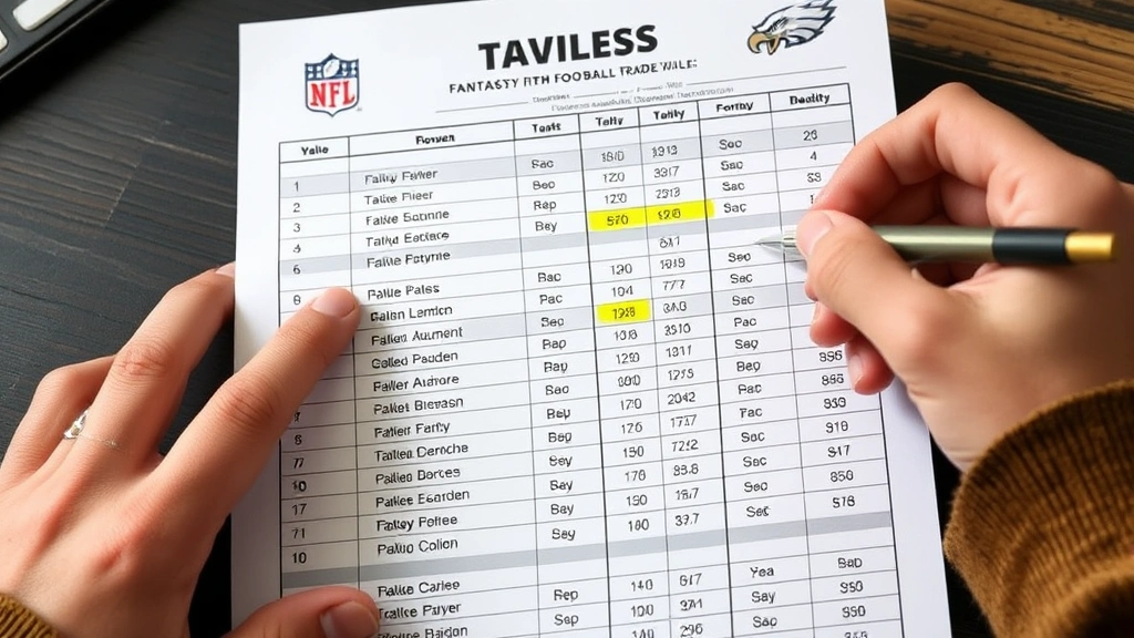 Close-up of hands reviewing fantasy football trade value chart printout with highlighted player names, pen marking notes, team logos visible