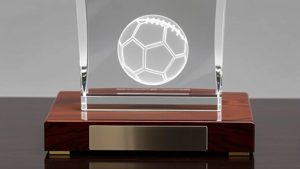 Premium crystal trophy with football etching mounted on polished mahogany base, elegant sophisticated design, luxury championship award