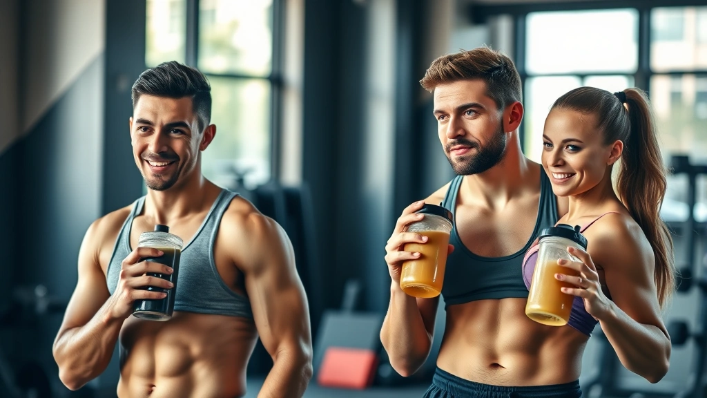 Athletic male and female athletes drinking protein shakes after intense gym workout session, holding shaker bottles, motivated expressions, natural lighting, fitness studio background, recovery focus
