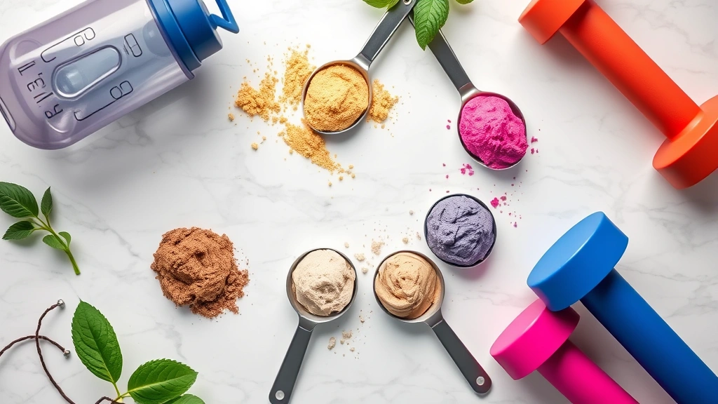 Overhead flat lay of premium protein powder scoops in various colors with shaker bottle, measuring spoon, and dumbbells on white marble surface, clean minimalist composition, professional product photography style