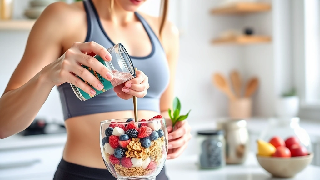 Female fitness enthusiast blending colorful protein smoothie bowl with berries, granola, and coconut in bright kitchen, pouring shake into glass, healthy lifestyle aesthetic, vibrant natural ingredients visible