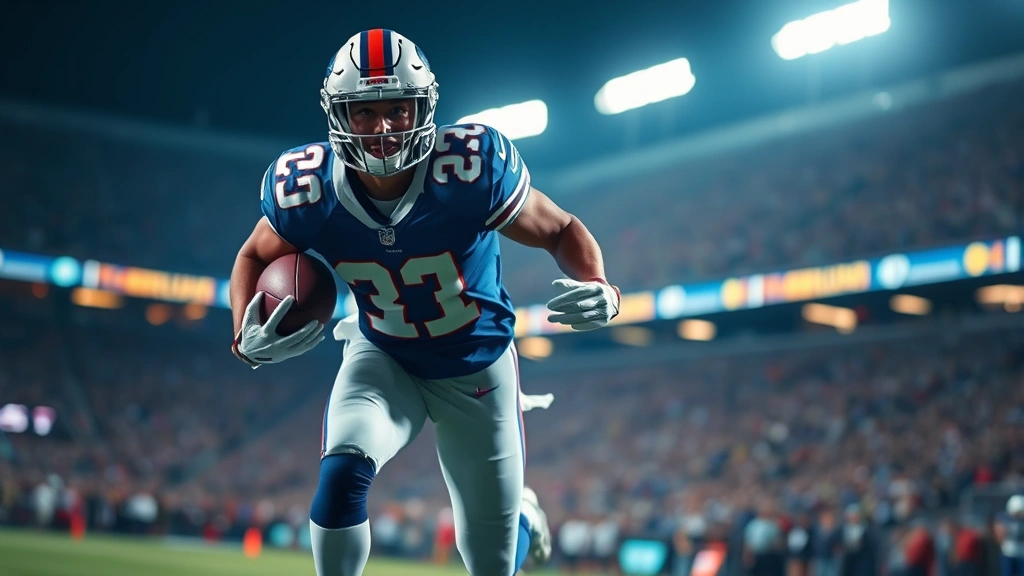 Professional football player running with the ball, intense focus, stadium lights in background, motion blur effect, NFL game action