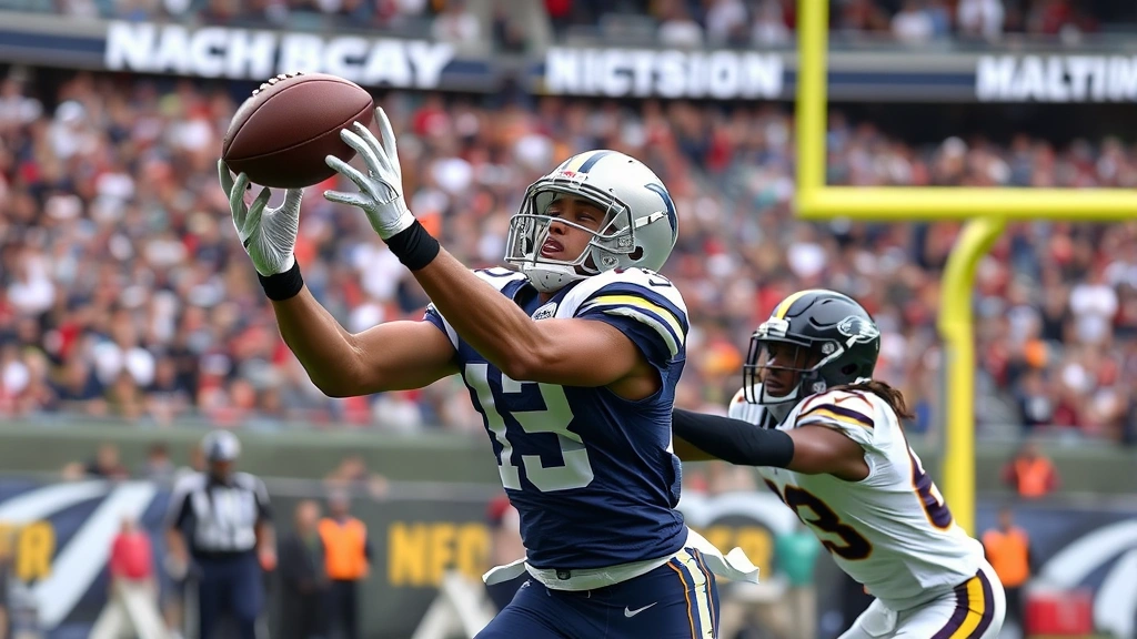 Wide receiver making a catch during game, ball clearly visible in hands, defensive pressure nearby, stadium crowd blurred background, athletic movement