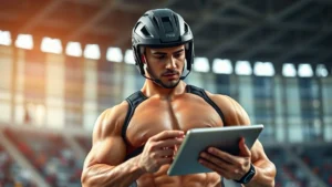 Muscular athlete in professional sports gear reviewing game footage on tablet, serious focused expression, stadium background, photorealistic sports science setting