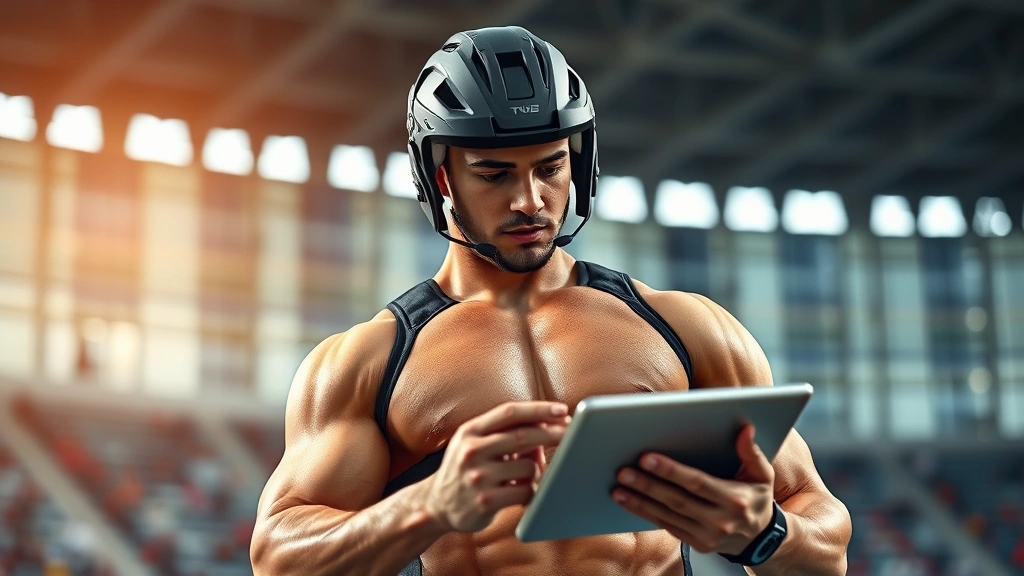 Muscular athlete in professional sports gear reviewing game footage on tablet, serious focused expression, stadium background, photorealistic sports science setting