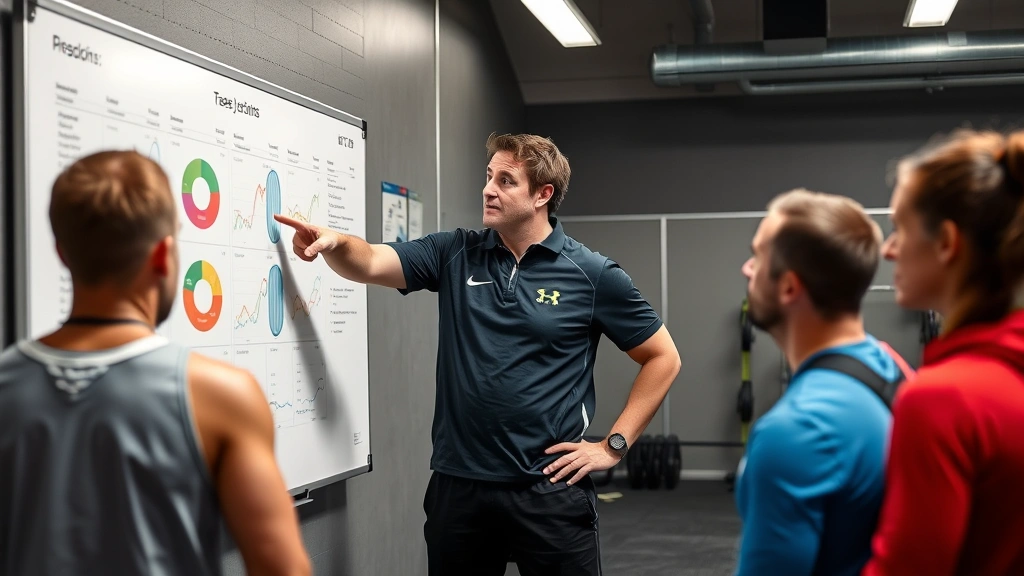 Fit coach pointing at detailed statistical performance charts on whiteboard during team analysis session, athletic wear, professional training facility, data visualization focus