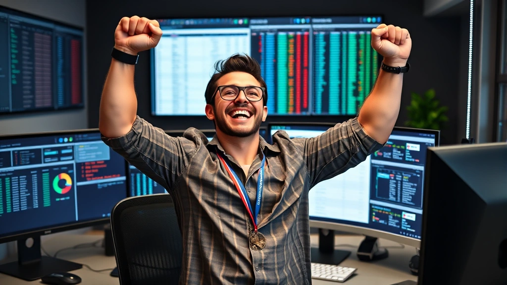 Championship-winning fantasy sports manager celebrating with spreadsheet data visible on multiple monitors, confident posture, modern analytics office environment