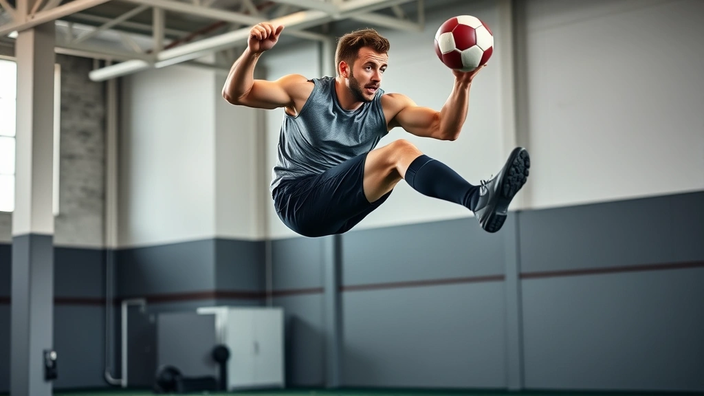 Athletic male footballer performing explosive box jump in modern training facility, muscular legs driving upward, focused expression, natural gym lighting, athletic wear