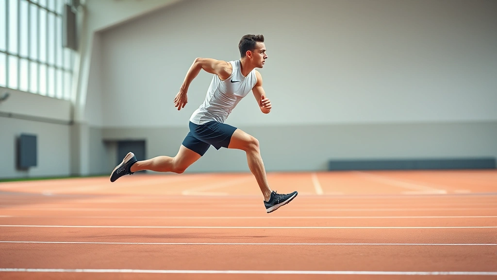 Professional athlete sprinting at maximum speed on indoor track, powerful leg drive captured mid-stride, intense athletic effort, clean sports environment background