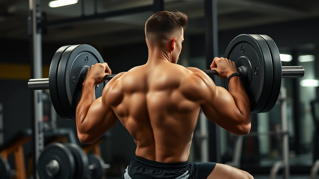 Elite athlete performing barbell back squat with perfect form, loaded barbell across shoulders, concentrated expression, professional gym setting with proper lighting
