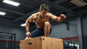 A college football player performing a explosive box jump in a modern weight room, muscular physique, intense focus, bright athletic facility lighting, sweat visible, motivational energy