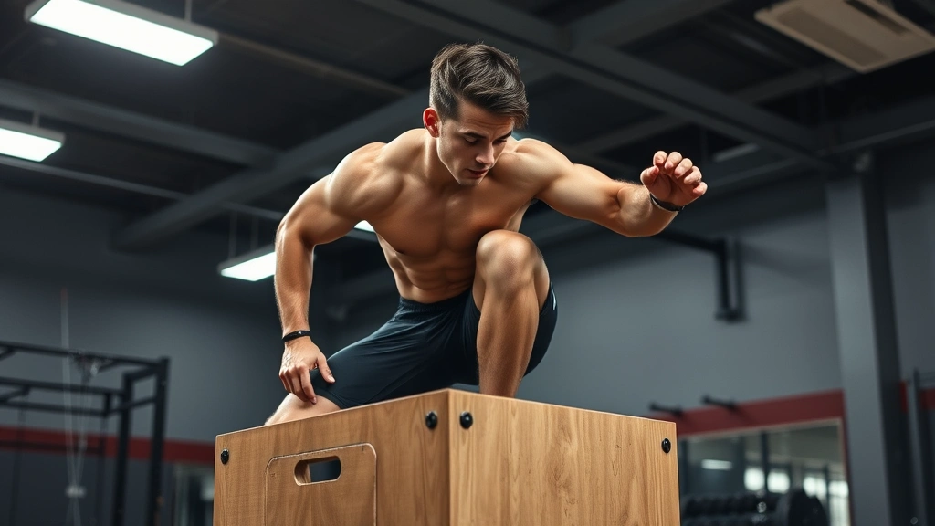 A college football player performing a explosive box jump in a modern weight room, muscular physique, intense focus, bright athletic facility lighting, sweat visible, motivational energy