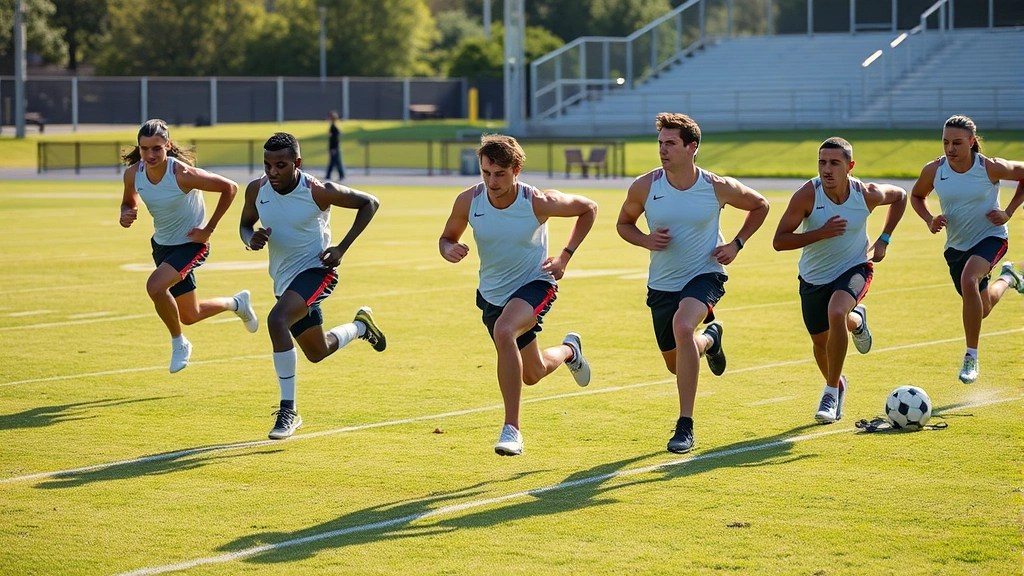 Multiple athletes performing high-intensity sprint drills on a football field, grass field, athletic wear, maximum effort intensity, morning or afternoon natural lighting, competitive atmosphere