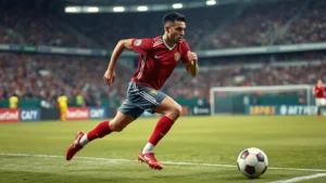 Professional footballer performing explosive sprint acceleration during intense match play, showcasing muscular power and athletic dynamism in competitive football environment with stadium background