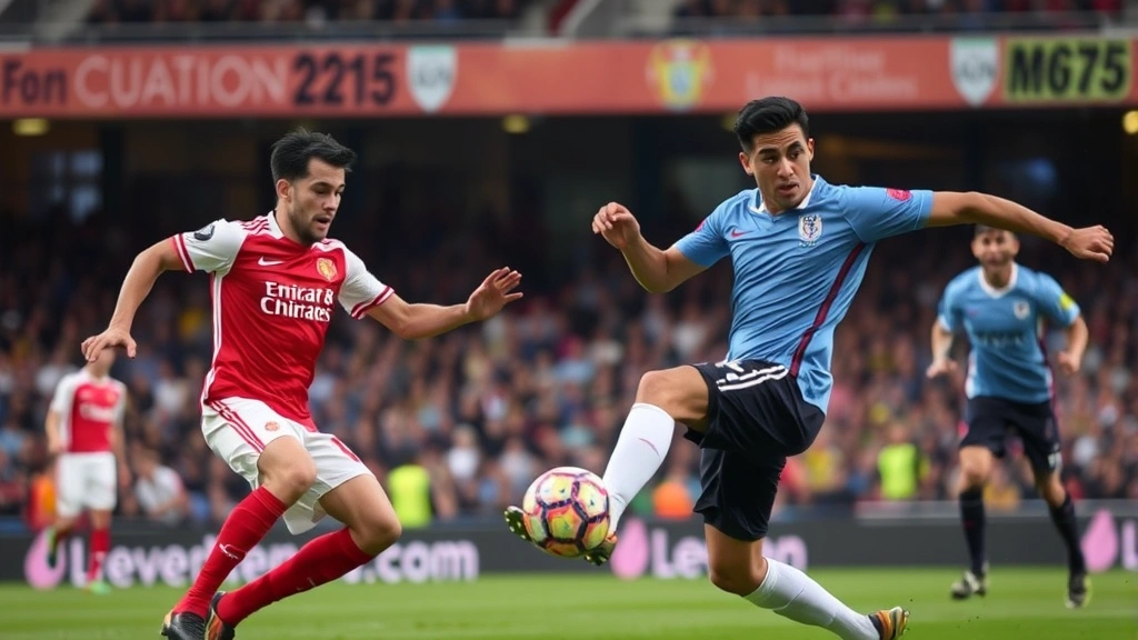 Professional male football players in intense competitive match, dynamic movement and athletic positioning, stadium environment with blurred background, realistic sports photography