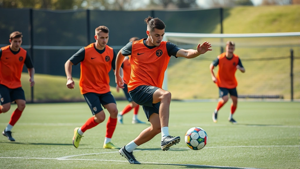 Soccer players executing high-intensity training drill, explosive athletic movement, professional conditioning session, outdoor or field setting with natural lighting