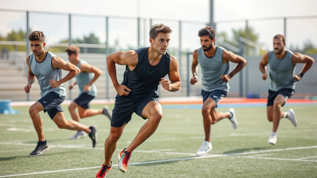Elite athletes performing cardiovascular endurance training, maximum effort sprinting or interval work, athletic fitness demonstration, outdoor sports facility or field