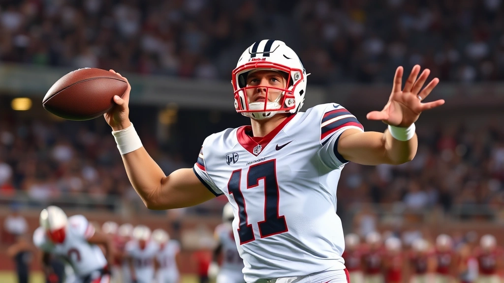 College football quarterback mid-throw during competitive game, intense focus, professional stadium lighting, crisp uniform details visible, action shot capturing athletic motion