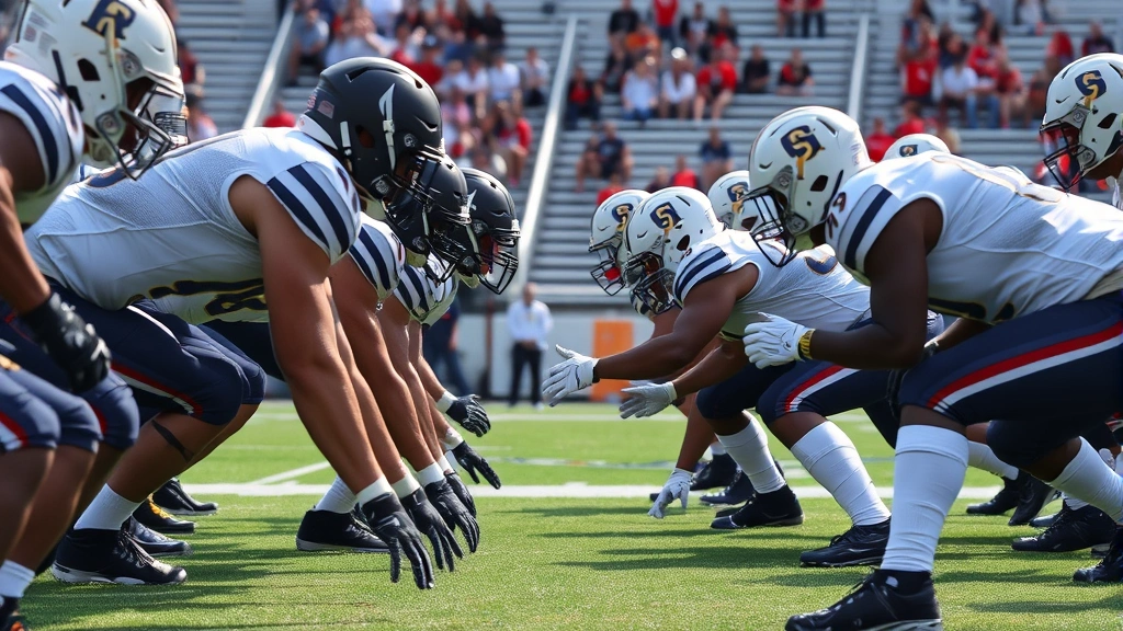 Defensive line players executing gap control technique, low pad level, engaged with offensive line, multiple defenders visible, outdoor stadium setting with natural lighting