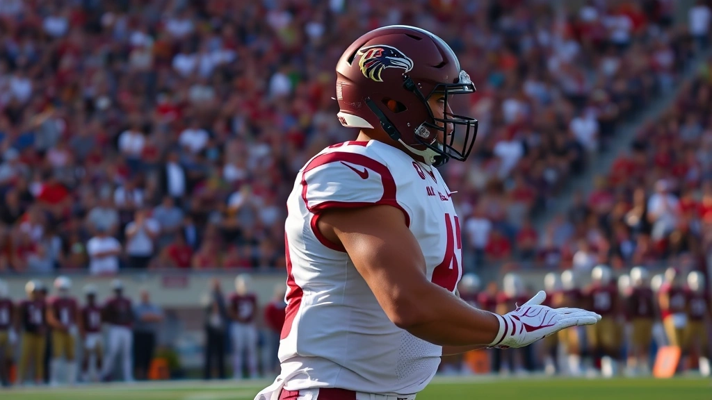 Secondary defensive back in coverage position, athletic stance, eyes on receiver, game action moment, professional college football environment with crowd visible in background