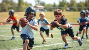 Action shot of youth flag football receivers running precise cutting routes during practice drill, athletic wear, focused expressions, outdoor field setting, bright natural lighting, dynamic movement captured mid-cut