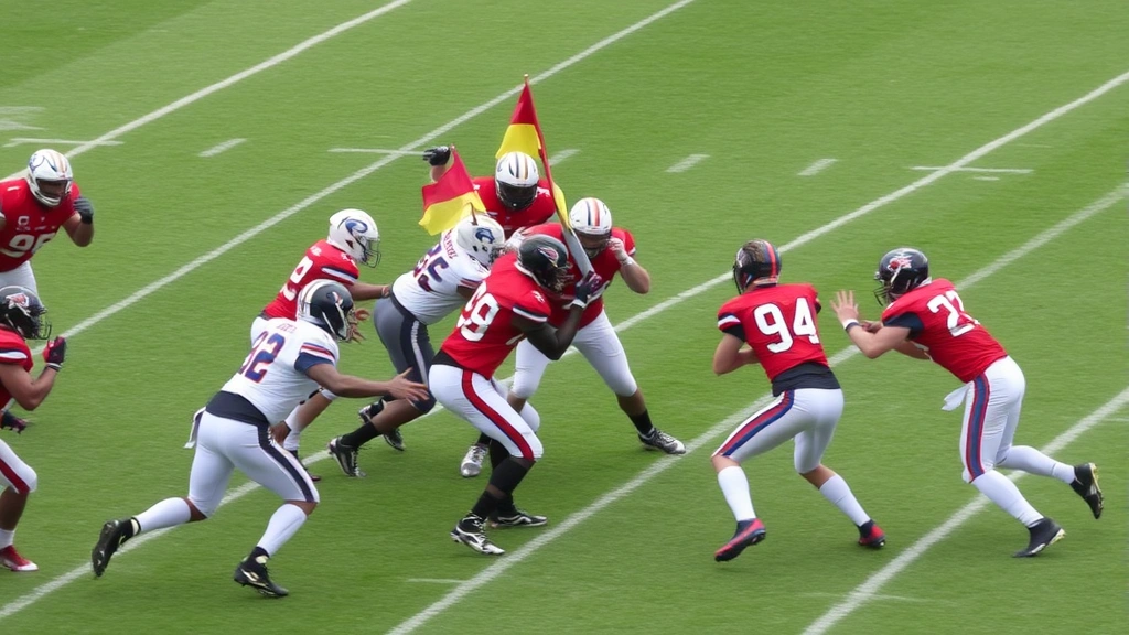 Flag football defensive players in man-to-man coverage positioning, communicating with hand signals and verbal calls, multiple defenders aligned on receivers, game-speed action, intense focus and concentration