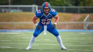 Athletic player in blue flag football uniform demonstrating proper defensive stance with feet shoulder-width apart, ready to react, intense focus on field