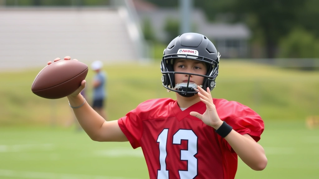 Young quarterback in red flag football jersey executing throwing motion mid-release, showing proper mechanics and upper body rotation during practice