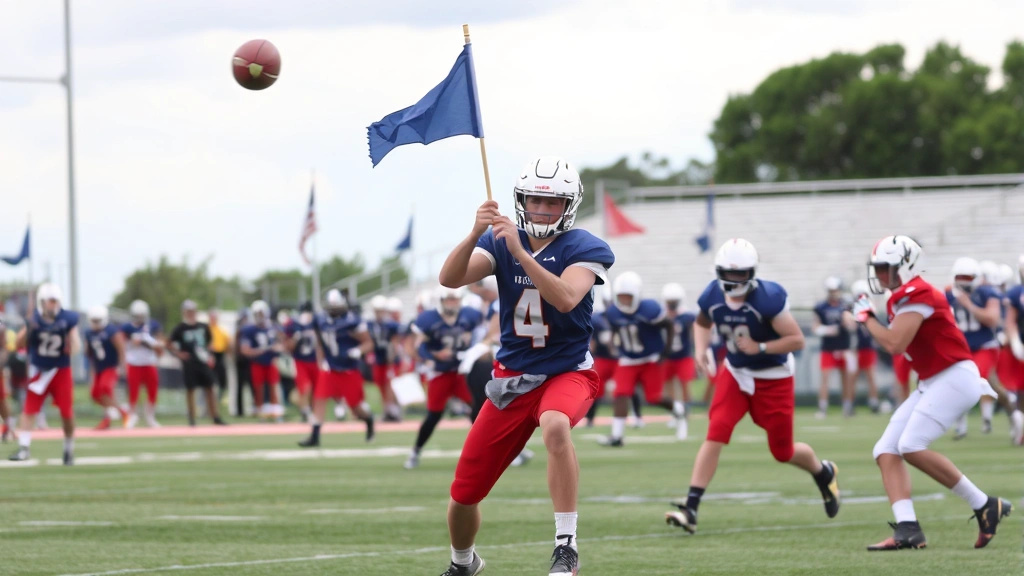 Flag football players in contrasting colored uniforms executing a receiving route, showing footwork precision and body positioning during live play