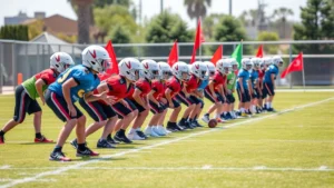 Young flag football players in colorful pinnies lined up at scrimmage line, quarterback in ready position, defenders in coverage stance, sunny outdoor field with clear yard lines