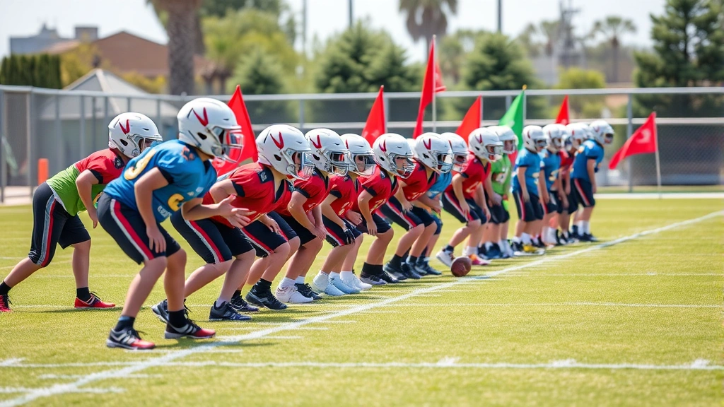 Young flag football players in colorful pinnies lined up at scrimmage line, quarterback in ready position, defenders in coverage stance, sunny outdoor field with clear yard lines