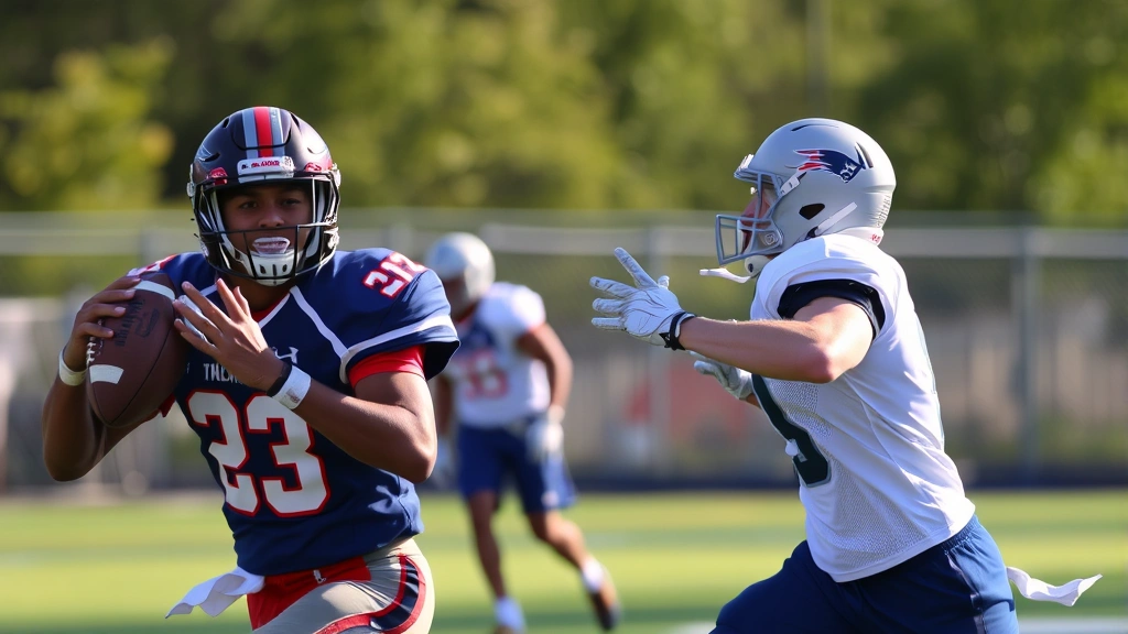 Action shot of flag football receiver making catch while defender approaches from side, both players focused on ball, afternoon sunlight, athletic movement captured mid-play