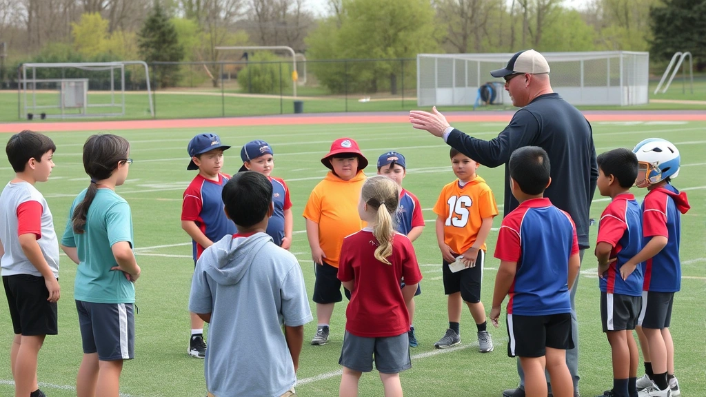 Coach instructing young flag football team during practice timeout, players gathered in circle listening intently, coach demonstrating hand signals, outdoor field setting with focused concentration