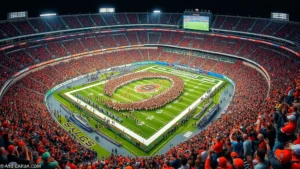 Crowded college football stadium filled with passionate fans wearing orange and green, cheering and celebrating during a dynamic game moment, stadium lights bright, aerial view showing the energy and atmosphere of game day