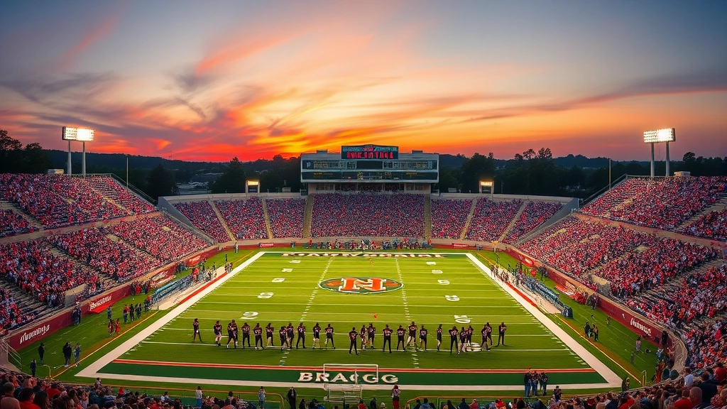Wide shot of Bragg Memorial Stadium during sunset with field lights on, packed stands with enthusiastic spectators, football players on field during warm-ups, vibrant crowd energy and school spirit visible