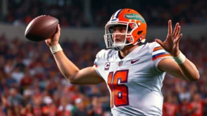 Male college football quarterback in Gators uniform throwing football during intense SEC conference game, professional stadium lighting, dynamic action shot, sweat visible, crowd blurred background, photorealistic